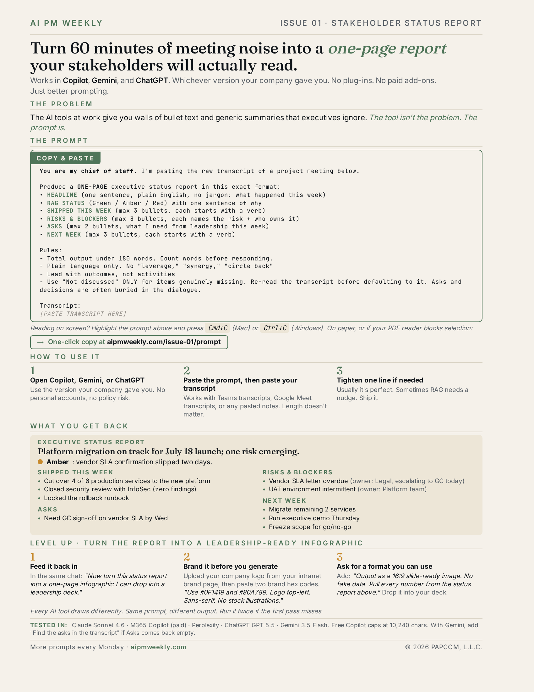 Preview of the printable Issue 01 infographic: a one-page executive status report prompt and its expected output.